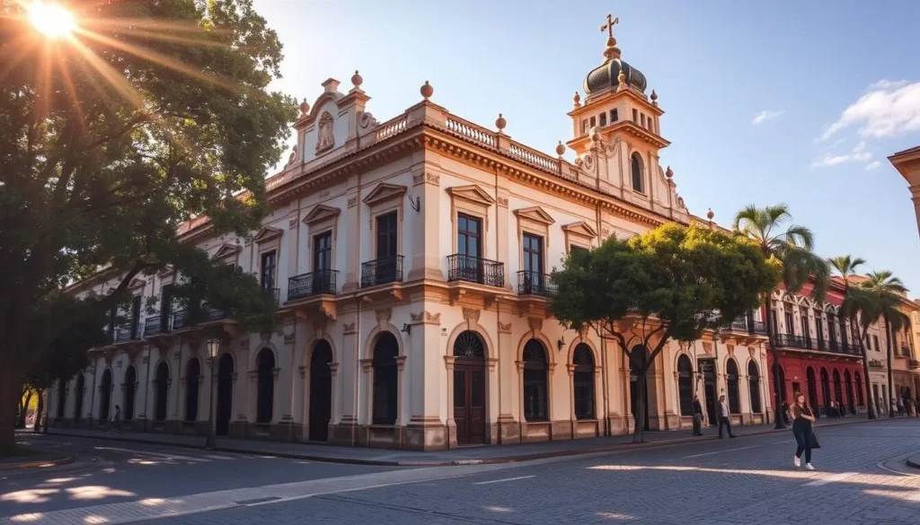 A majestic 18th-century colonial building stands proudly in the historic center of Querétaro, Mexico. "La Casa de La Corregidora" with its ornate facade, red-tiled roof, and intricate balconies exudes an elegant charm. Sunlight filters through the trees, casting warm, golden hues across the scene. Pedestrians stroll along the cobblestone streets, adding a touch of life to the tranquil atmosphere. The building's striking architecture and the picturesque setting create a captivating image that embodies the rich history and cultural heritage of Querétaro, a city that delights history enthusiasts.
