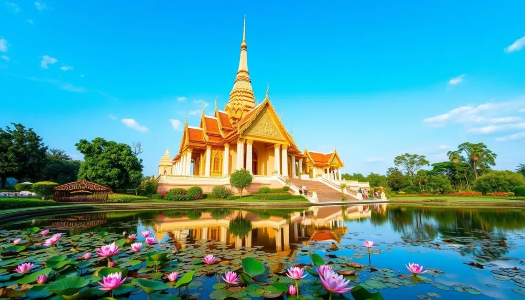 A majestic Buddhist temple stands tall, its golden spires and intricate architecture reflecting the warm sunlight. In the foreground, the tranquil pond mirrors the temple's grandeur, its surface dotted with lotus flowers. The middle ground features lush, verdant gardens with colorful blooms, framing the temple's serene atmosphere. In the background, a cloudless azure sky completes the picturesque scene, conveying a sense of peace and spiritual harmony. Capture this breathtaking cultural landmark of Samut Sakhon, Thailand, using a wide-angle lens to showcase its impressive scale and beauty.