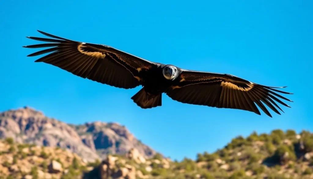 A majestic California Condor soaring gracefully against a vibrant blue sky, its massive wings outstretched, gliding effortlessly over the rugged, verdant terrain of the Chumash Wilderness Area. The bird's striking black and white plumage is accentuated by the warm, natural lighting, capturing its powerful presence and the beauty of its natural habitat. The image showcases the bird's impressive size and scale, conveying the awe-inspiring experience of witnessing these magnificent creatures in their wild, untamed environment.