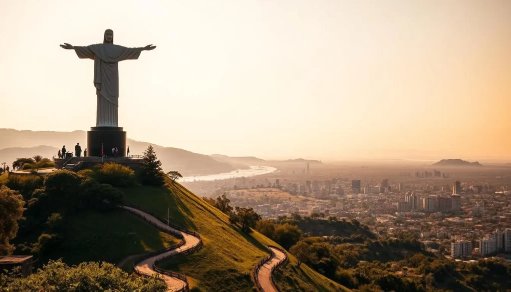 A majestic Cristo Rei statue stands atop a scenic hill, overlooking the vibrant city of Lubango, Angola. The towering figure of Christ, arms outstretched, is bathed in warm, golden sunlight, casting a serene and inspiring presence over the landscape. In the foreground, lush greenery and winding paths lead towards the statue, inviting visitors to explore this iconic landmark. The mid-ground features the bustling cityscape, with a harmonious blend of modern and traditional architecture, while the background showcases the rolling hills and distant mountains that frame the scene. The overall atmosphere is one of tranquility, wonder, and a celebration of the country's rich cultural heritage.