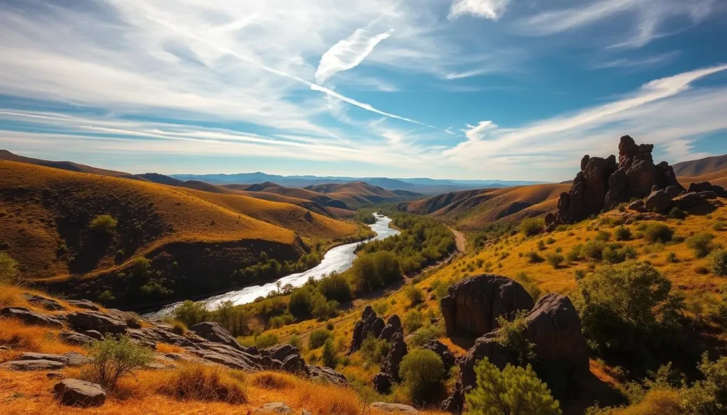 A majestic Huila Plateau landscape bathed in warm, golden sunlight. Rolling hills dotted with vibrant green vegetation stretch into the distance, with rugged, rocky outcroppings rising up in the foreground. A serene, azure sky overhead, with wispy clouds drifting lazily across the frame. In the middle ground, a winding river cuts through the landscape, its surface glistening like mirrors. Lush, verdant trees and shrubs line the riverbanks, providing a natural contrast to the more arid, rocky areas. The entire scene exudes a sense of tranquility and natural beauty, inviting the viewer to step into this picturesque Angolan landscape.