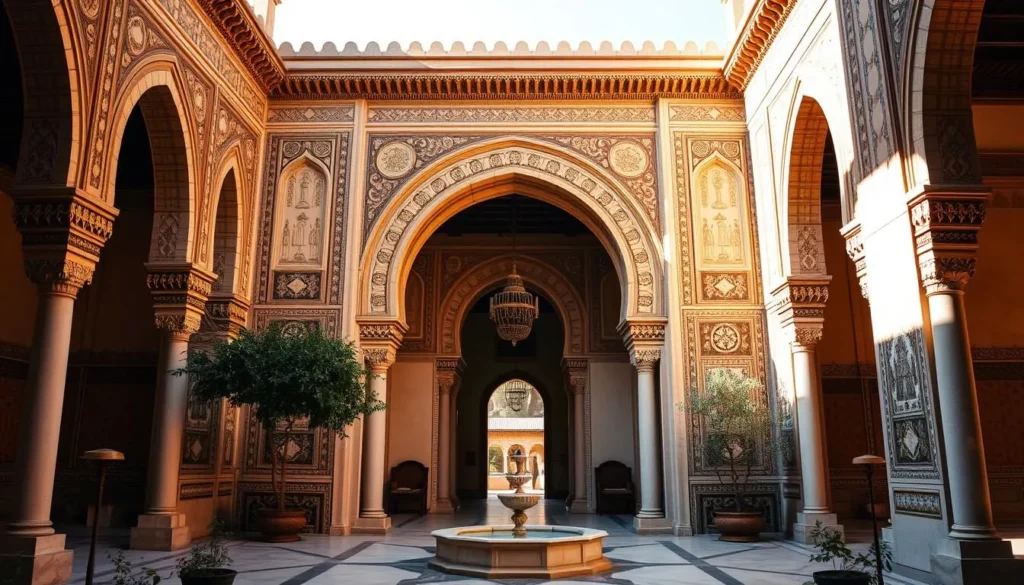 A majestic Moroccan entrance adorned with intricate tilework and carved stone, bathed in warm afternoon sunlight. The Bou Inania Madrasa's imposing arched doorway framed by ornate columns and decorative moldings, inviting visitors to step into its historic halls. In the foreground, a tranquil courtyard with a central fountain, surrounded by delicate arches and lush greenery. Capture the essence of this architectural marvel, showcasing the captivating blend of Islamic and Moorish design elements that define the historic Madrasas of Fes.