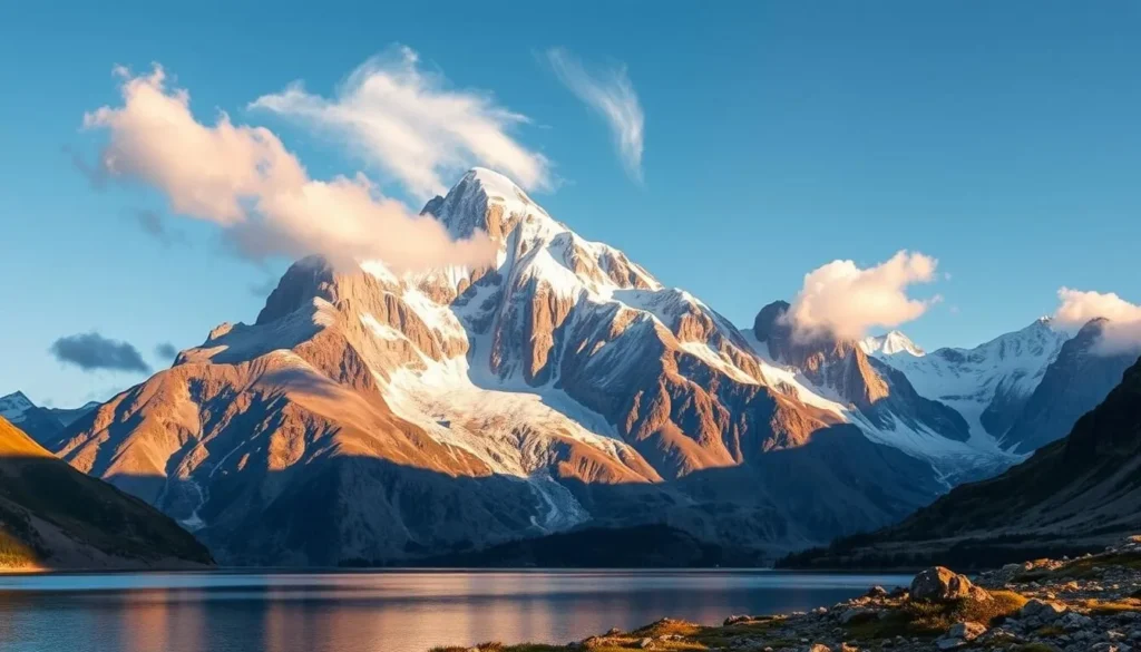 A majestic alpine landscape, Dufourspitze (Monte Rosa), Switzerland's highest peak, rises majestically against a clear blue sky. Rugged, snow-capped peaks glisten in the warm, golden sunlight, casting dramatic shadows across the surrounding glaciers and rock formations. In the foreground, a pristine alpine lake reflects the grandeur of the mountain, its crystal-clear waters shimmering. Wispy clouds drift lazily overhead, adding depth and atmosphere to the scene. The overall mood is one of awe-inspiring natural beauty, inviting the viewer to imagine the thrill of exploring this iconic Swiss landmark.