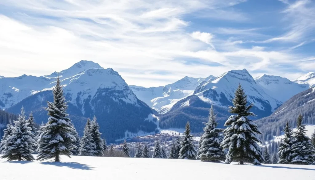 A majestic alpine landscape in Gstaad, Switzerland during the winter season. In the foreground, a pristine snowy field dotted with elegant pine trees. In the middle ground, a picturesque village nestled between towering, snow-capped peaks. The sky is a brilliant azure, with wispy clouds casting soft shadows across the mountainside. The lighting is natural and diffused, creating a serene and peaceful atmosphere. Capture this winter wonderland using a wide-angle lens to showcase the grandeur of the scene. Convey the tranquility and beauty of this idyllic Swiss alpine setting.