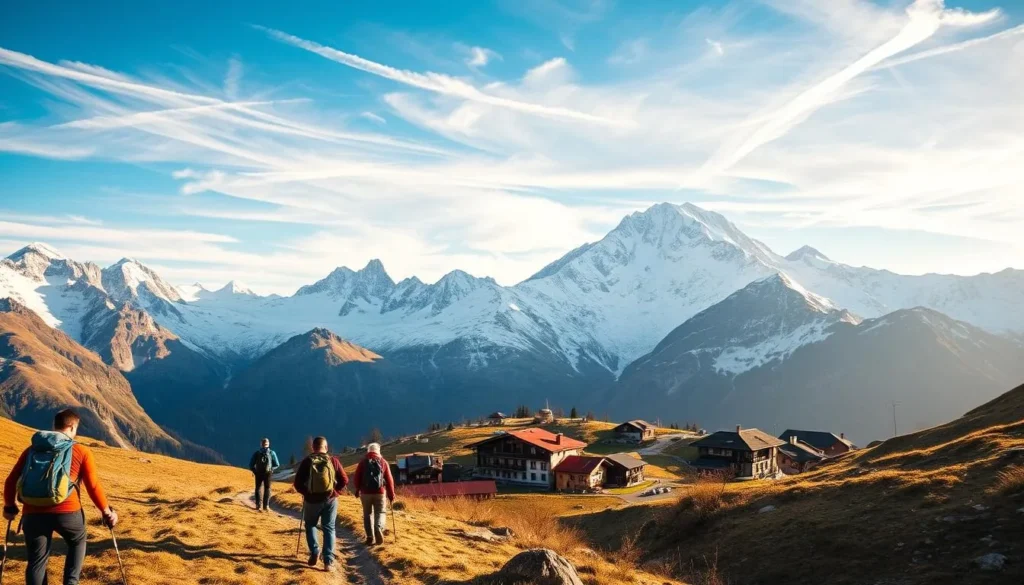 A majestic alpine landscape in Zermatt, Switzerland. In the foreground, a group of hikers ascend a challenging trail, their backpacks and trekking poles visible. The middle ground features a picturesque mountain village with charming Swiss-style chalets, their red-tiled roofs and wooden facades standing in contrast to the towering, snow-capped peaks in the background. Warm, golden sunlight bathes the scene, casting long shadows and creating a sense of adventure and exploration. The sky is a brilliant blue, with wispy clouds drifting overhead. The mood is one of peaceful serenity and the thrill of outdoor activities in this stunning alpine setting.