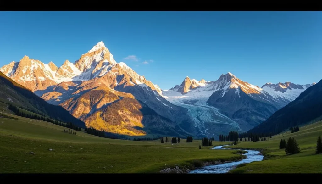 A majestic alpine landscape, the Grand Combin Massif towers over the serene valleys of Switzerland. Rugged granite peaks pierce the azure sky, their snow-capped summits glittering in the warm sunlight. Pristine glaciers flow gracefully down the mountainsides, their icy blues contrasting with the lush green meadows and forests below. In the foreground, a crystal-clear mountain stream winds its way through the picturesque countryside, its gentle waters reflecting the surrounding beauty. The scene exudes a sense of tranquility and awe, inviting the viewer to explore the grandeur of this natural wonder.