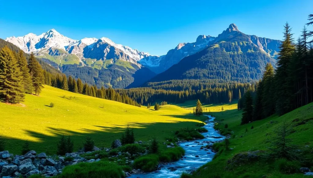 A majestic alpine landscape, where the Ela mountain range rises majestically against a clear azure sky. Sunlight dances across the rugged peaks, casting dramatic shadows over the lush, verdant meadows below. In the foreground, a crystal-clear mountain stream winds its way through the valley, its gentle waters reflecting the surrounding beauty. Towering evergreen forests line the slopes, offering a serene and tranquil atmosphere. Capture the grandeur and serenity of this hidden Swiss gem, where nature's splendor is on full display.
