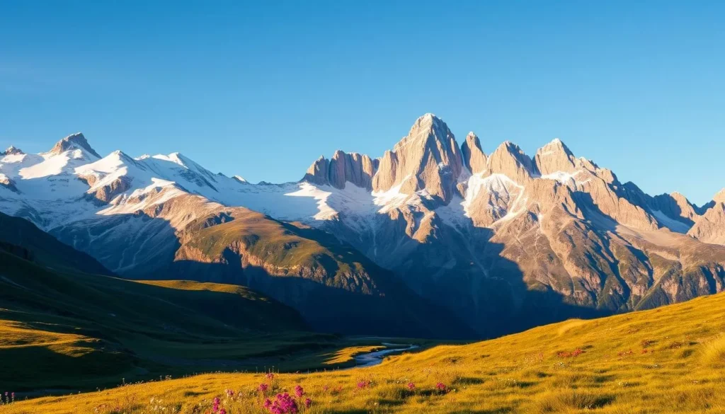 A majestic alpine landscape, with the iconic snow-capped peaks of the Swiss Alps rising majestically against a clear, azure sky. In the foreground, a pristine alpine meadow dotted with vibrant wildflowers, gently rolling hills, and a crystal-clear stream winding its way through the valley. In the middle ground, towering granite cliffs and jagged rock formations, casting dramatic shadows across the scene. The background is dominated by the towering, jagged peaks of the Alpubel, their rugged, snow-dusted summits reaching towards the heavens. Warm, golden sunlight bathes the entire scene, creating a sense of warmth, tranquility, and awe-inspiring natural beauty. Capture this quintessential Swiss alpine landscape in crisp, high-resolution detail, using a wide-angle lens to showcase the grandeur of the setting.