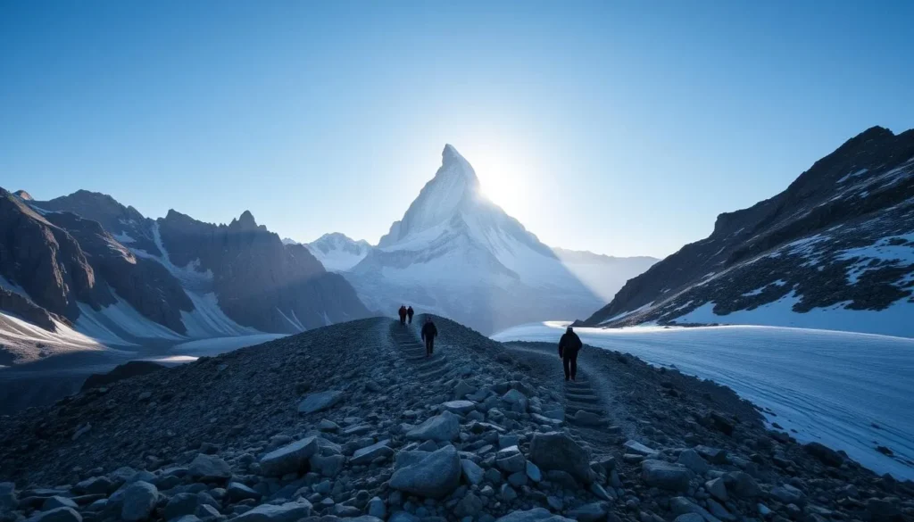 A majestic alpine trail winding through the Matterhorn Glacier, with craggy peaks and glistening icy landscapes. Hikers ascend a rocky path, framed by rugged mountains and a clear, azure sky. Soft, diffused lighting illuminates the scene, creating a serene and awe-inspiring atmosphere. The trail leads towards the iconic silhouette of the Matterhorn, its distinctive shape rising against the horizon. Pristine snow covers the ground, adding a touch of winter wonder to the scene. The overall impression is one of natural grandeur and the exhilaration of exploring the Swiss Alps.