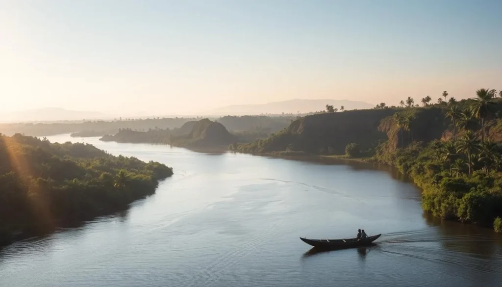A majestic and winding Congo River flows gracefully through the lush, verdant landscapes of Brazzaville. Sunlight dances on the river's surface, casting a warm, golden glow over the surrounding tropical foliage. In the foreground, a traditional dugout canoe glides peacefully across the calm waters, its occupants taking in the serene beauty of the scene. The middle ground features towering, palm-fringed banks that rise up on either side of the river, creating a sense of tranquility and seclusion. In the distance, the hazy silhouettes of distant hills and mountains create a picturesque backdrop, completing the idyllic, postcard-worthy tableau. The overall mood is one of tranquility, natural beauty, and the timeless allure of this iconic African waterway.