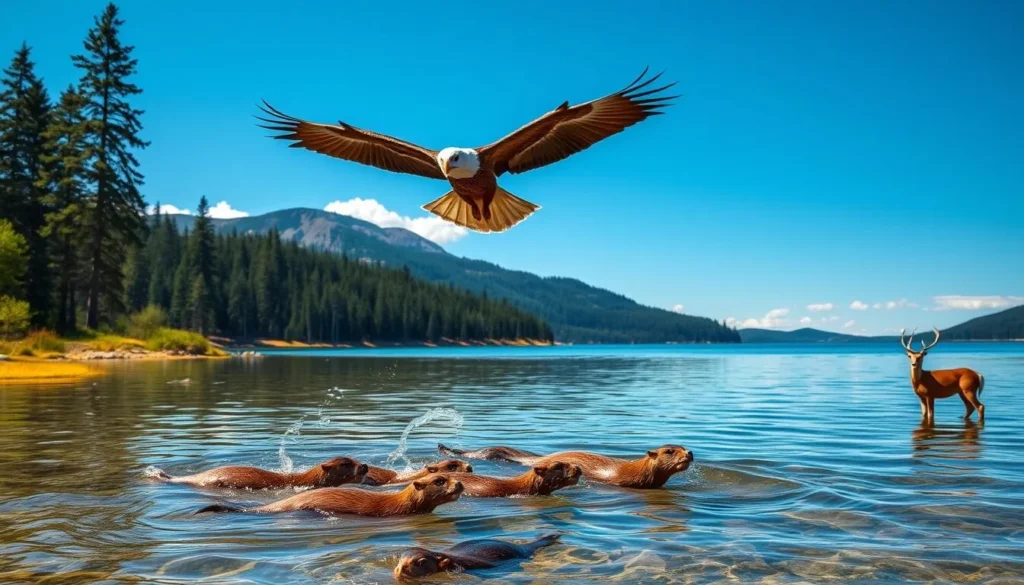A majestic bald eagle soaring gracefully over a serene mountain lake, its wings outstretched against a backdrop of towering pines and a cloudless azure sky. In the foreground, a family of otters playfully diving and frolicking in the crystal-clear waters, their sleek, wet fur glistening in the warm sunlight. Along the lush, verdant shoreline, a herd of deer pause to drink, their large, attentive eyes scanning the tranquil scene. The overall atmosphere is one of peaceful coexistence, where the harmony of nature takes center stage, inviting the viewer to immerse themselves in this captivating wildlife experience.