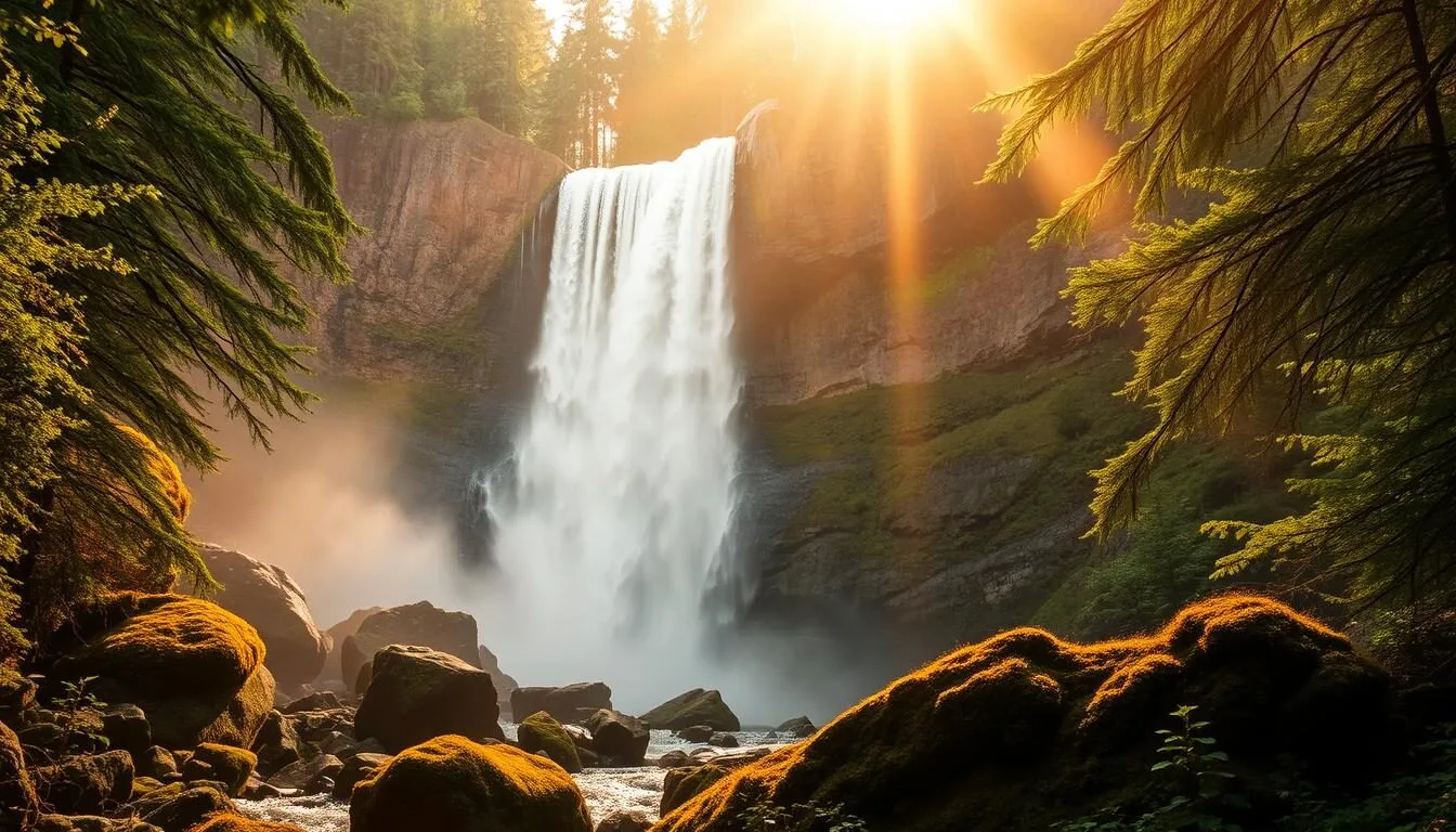 A majestic cascade of silver water tumbling over rugged cliffs, surrounded by verdant forests and mossy rocks in the foreground. Warm, diffused sunlight filters through the canopy, casting a soft, golden glow on the scene. The waterfall's thunderous roar echoes through the lush, tranquil landscape, creating a serene and captivating atmosphere. Capture the grandeur and natural beauty of Silver Falls State Park, Oregon, in a realistic, photorealistic style.