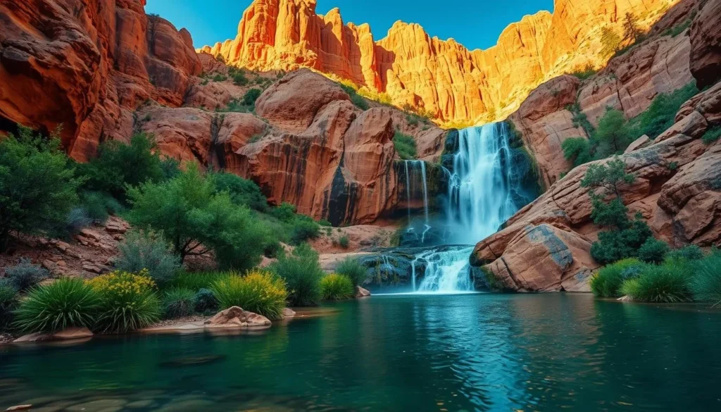 A majestic, cascading waterfall framed by towering, ochre-hued cliffs in the rugged desert landscape of New Mexico. The Sitting Bull Falls flow gracefully over the limestone rock, creating a serene oasis amidst the arid surroundings. The scene is bathed in warm, golden sunlight, highlighting the vibrant greens of the lush vegetation along the banks. In the foreground, a tranquil pool reflects the natural beauty above, inviting visitors to bask in the calming ambiance. The overall composition evokes a sense of peaceful isolation, transporting the viewer to this hidden desert gem.