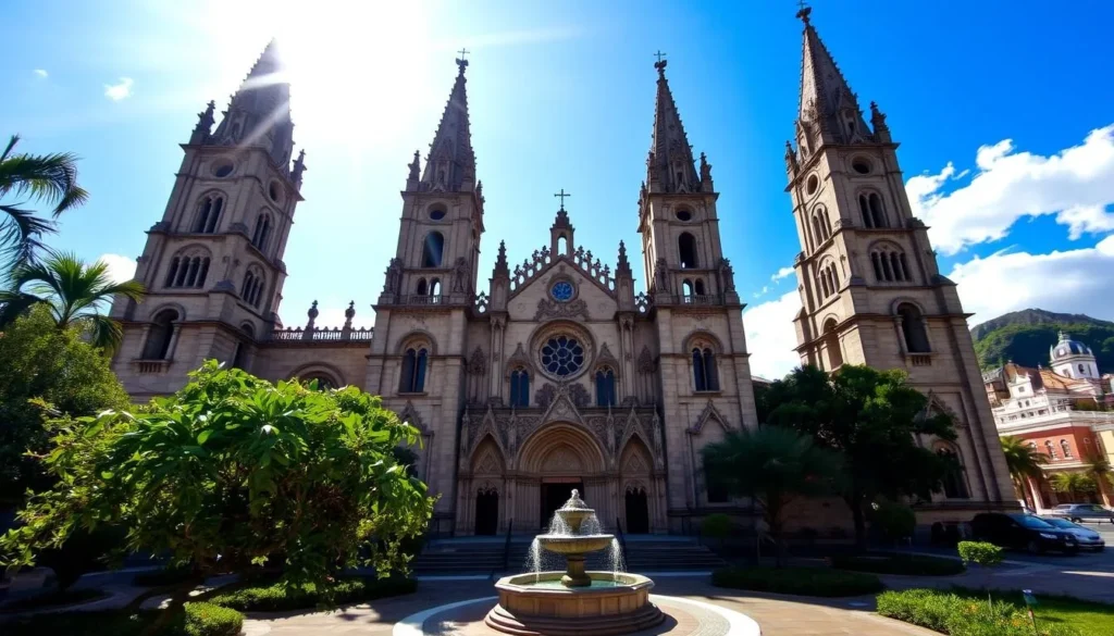 A majestic cathedral in Cuernavaca, Mexico, its gothic spires reaching towards the azure sky. Sunlight streams through stained glass windows, casting a warm, ethereal glow over the intricate stone carvings and arched entryways. In the foreground, a tranquil courtyard with lush foliage and a central fountain, inviting visitors to pause and admire the architectural splendor. The middle ground reveals the cathedral's ornate facade, its towers and buttresses a testament to the region's rich cultural heritage. In the background, the vibrant city of Cuernavaca, bustling with life, provides a dynamic contrast to the serene sanctuary of the cathedral.