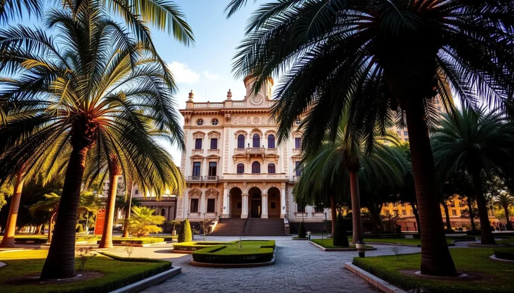 A majestic colonial-era building stands tall, its ornate facade bathed in warm sunlight. Lush palm trees sway gently in the breeze, framing the scene. In the foreground, well-tended gardens and cobblestone pathways invite visitors to explore. The image captures a sense of timeless elegance and cultural heritage, perfect for showcasing the historical landmarks of Cabinda, Angola.