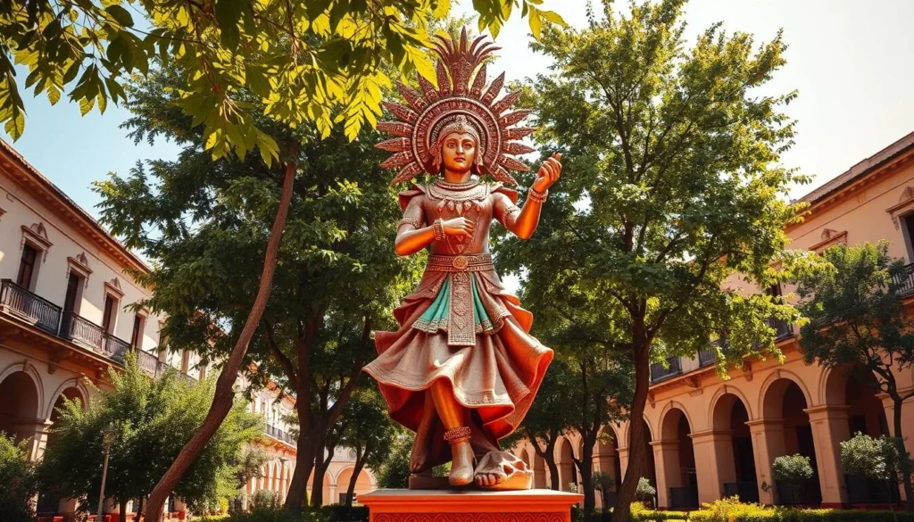 A majestic danzante conchero statue stands tall in the sun-drenched plaza, its intricate carvings and vibrant colors exuding a sense of ancient cultural heritage. The figure, adorned with an elaborate headdress and ornate regalia, appears to be mid-dance, frozen in a graceful, rhythmic movement. The statue is framed by lush, verdant foliage and the warm, golden light of a clear day, creating a serene and awe-inspiring atmosphere. The surrounding architecture, with its colonial-era charm, provides a stunning backdrop, further enhancing the cultural significance of this captivating monument.