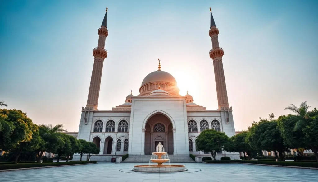 A majestic, domed mosque standing tall against a clear, azure sky. The sun's warm rays filter through intricate arched windows, casting a soft, ethereal glow upon the pristine white marble facade. Towering minarets rise gracefully, their elegant silhouettes punctuating the skyline. In the foreground, a serene courtyard invites worshippers to pause and reflect, with lush greenery and a central fountain providing a tranquil oasis. The overall scene exudes a sense of timeless, spiritual grandeur, capturing the essence of Sokoto's rich religious and cultural heritage.