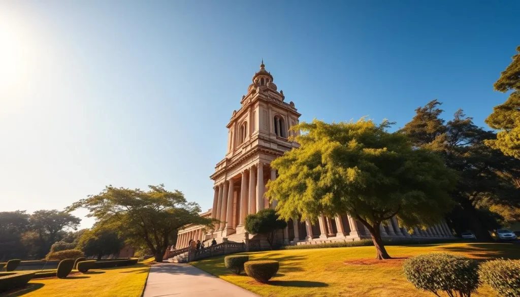 A majestic historical landmark in Umuahia, southeastern Nigeria, stands proud against a clear blue sky. The towering structure, with its intricate architectural details and grand columns, emanates a sense of timeless grandeur. Sunlight filters through the lush, verdant trees surrounding the site, casting a warm, golden glow upon the scene. In the foreground, a well-maintained path invites visitors to explore the grounds, leading them on a journey through the area's rich cultural heritage. The overall atmosphere exudes a serene, contemplative vibe, inviting viewers to immerse themselves in the captivating history of this remarkable landmark.
