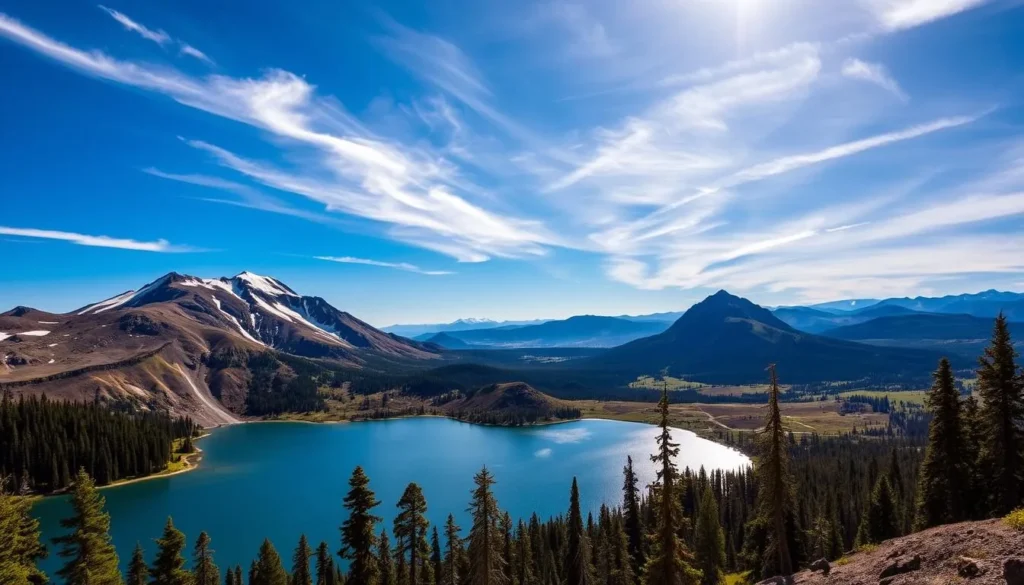A majestic landscape of Lassen Volcanic National Park, where towering volcanic peaks pierce the azure sky. In the foreground, a shimmering alpine lake reflects the snow-capped summits, its crystal-clear waters framed by lush evergreen forests. Sunlight filters through wispy clouds, casting a warm, golden glow over the scene. In the middle ground, rugged volcanic formations jut out, their jagged edges carved by centuries of geologic upheaval. The background fades into distant mountain ranges, their slopes draped in a patchwork of verdant meadows and dark, mysterious forests. An awe-inspiring testament to the raw power and breathtaking beauty of Northern California's geological marvel.
