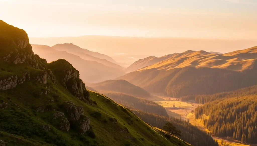 A majestic landscape of Northern Ireland's rolling mountains, bathed in warm golden light. In the foreground, rugged peaks stand tall, their craggy slopes dotted with lush green vegetation. The middle ground reveals a panoramic vista of deep valleys and winding streams, framed by ancient forests of evergreen pines. In the distance, a soft haze obscures the horizon, lending an ethereal, dreamlike quality to the scene. The overall mood is one of serene tranquility, inviting the viewer to bask in the natural splendor of this untamed, picturesque region.