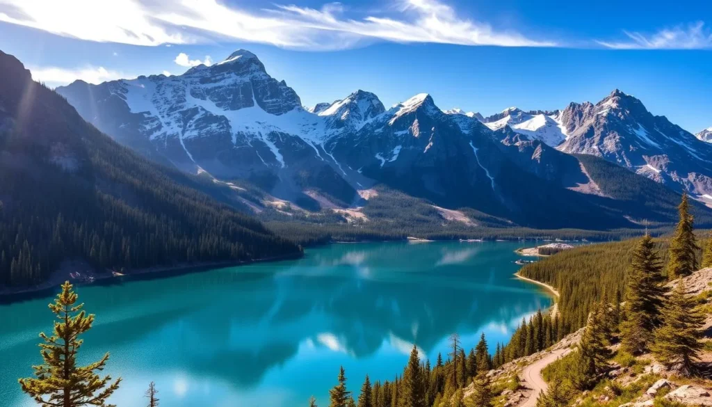 A majestic landscape of snow-capped peaks and granite formations, the Sierra Nevada mountains rise majestically against a clear blue sky. In the foreground, a crystal-clear alpine lake reflects the towering peaks, its serene waters framed by lush evergreen forests. A warm, golden light filters through wispy clouds, casting a soft, ethereal glow over the scene. Rugged hiking trails wind through the valleys, inviting exploration of this natural wonder. The overall atmosphere conveys a sense of tranquility, grandeur, and the raw, untamed beauty of California's mountain playground.