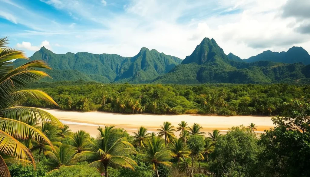 A majestic landscape of the Cape York Peninsula, Queensland, Australia. In the foreground, a pristine tropical beach with golden sand and swaying palm trees. The middle ground features a lush, verdant rainforest canopy, teeming with diverse flora and fauna. In the background, towering rugged mountains rise, their peaks bathed in a soft, diffused natural light. The scene conveys a sense of remote, untamed wilderness, evoking the essence of Australia's "Final Frontier." Capture this scene with a wide-angle lens, emphasizing the grand scale and awe-inspiring beauty of this untouched natural wonder.