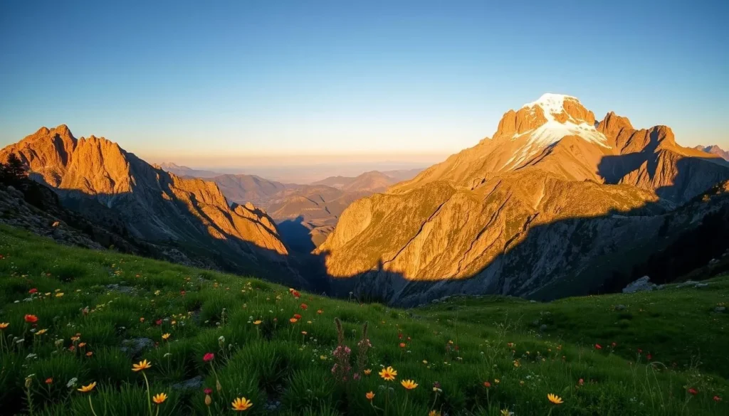 A majestic landscape of the Cerro Noroeste mountain range, bathed in the warm glow of the afternoon sun. In the foreground, lush green meadows dotted with vibrant wildflowers lead the eye towards a towering, snow-capped peak in the distance. The middle ground features rugged, granite cliffs that catch the light, casting dramatic shadows across the terrain. In the background, a panoramic vista of the surrounding mountains, their jagged silhouettes framed by a clear, azure sky. The scene evokes a sense of tranquility and timeless natural beauty, inviting the viewer to explore this hidden gem of the California wilderness.
