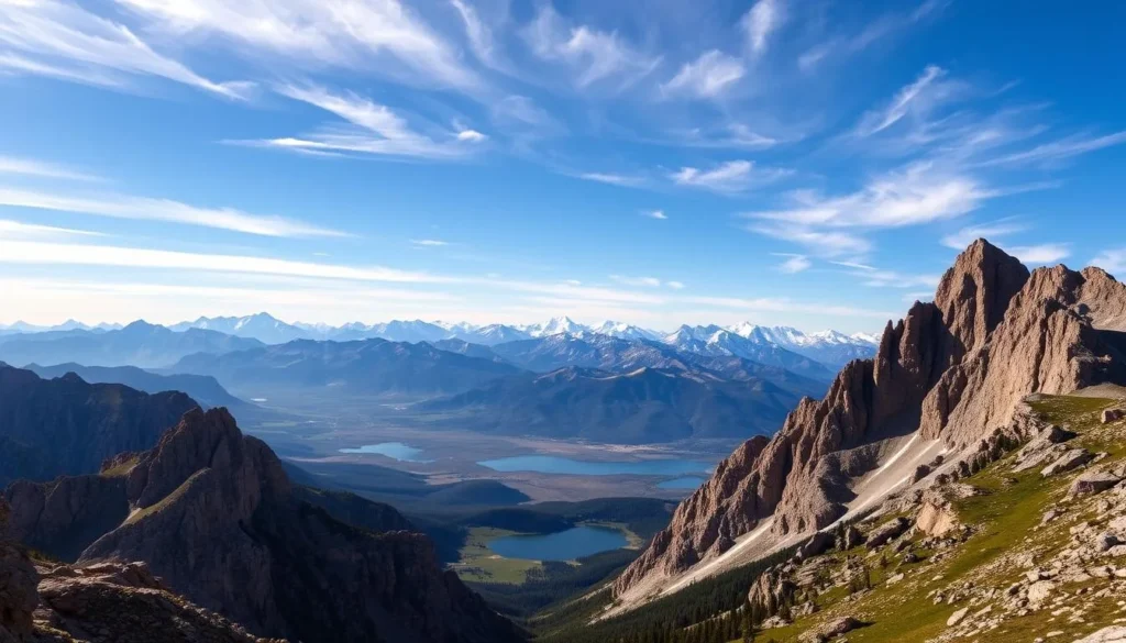 A majestic landscape of the Eastern Sierra Mountains, California, emerges under a brilliant azure sky. In the foreground, rugged granite peaks rise sharply, their jagged silhouettes casting dramatic shadows across the scene. Lush alpine meadows and pristine alpine lakes dot the middle ground, reflecting the surrounding mountains in their mirror-like surfaces. In the distance, a series of snow-capped summits stretch out as far as the eye can see, their icy, white-capped crowns reaching up towards the heavens. A warm, golden light filters through wispy clouds, illuminating the entire panorama with a sense of tranquility and grandeur. The viewer is transported to this sublime, untamed corner of California, filled with the promise of outdoor adventure and natural beauty.