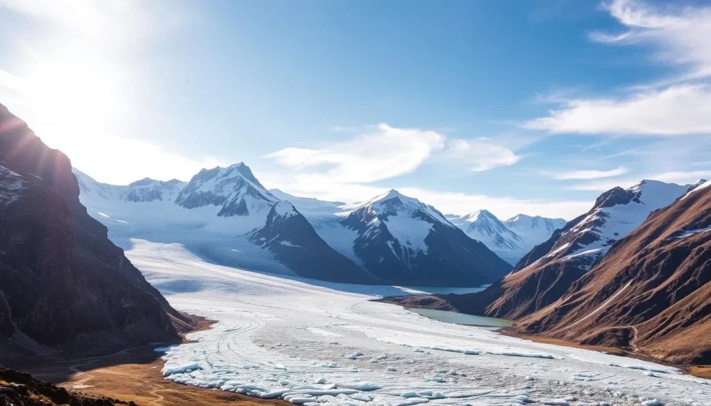 A majestic landscape of the Grand Combin Glacier, nestled amidst the towering peaks of the Swiss Alps. The glacier's icy blue expanse sprawls across the foreground, flanked by jagged, snow-capped mountains that rise up towards a bright, clear sky. Sunlight filters through wispy clouds, casting a warm, golden glow over the scene. In the distance, the glacier's terminus meets a pristine alpine lake, its still waters reflecting the grandeur of the surrounding environment. The overall atmosphere is one of serene, natural beauty, inviting the viewer to explore the geography and location of this remarkable Swiss landmark.