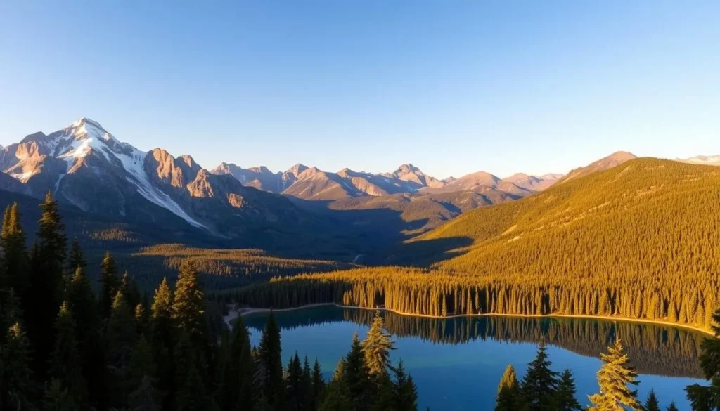 A majestic landscape of the Northern Sierra Cascades unfolds before the viewer. In the foreground, a crystal-clear alpine lake reflects the towering peaks surrounding it, their snow-capped summits glistening under the warm, golden sunlight. The middle ground is dominated by lush, verdant forests, their canopy a tapestry of vibrant greens. Beyond, the undulating ridges of the Cascade range stretch out, their rugged silhouettes forming a dramatic backdrop. The scene conveys a sense of tranquility and wonder, inviting the observer to immerse themselves in the serene beauty of this natural wonder.