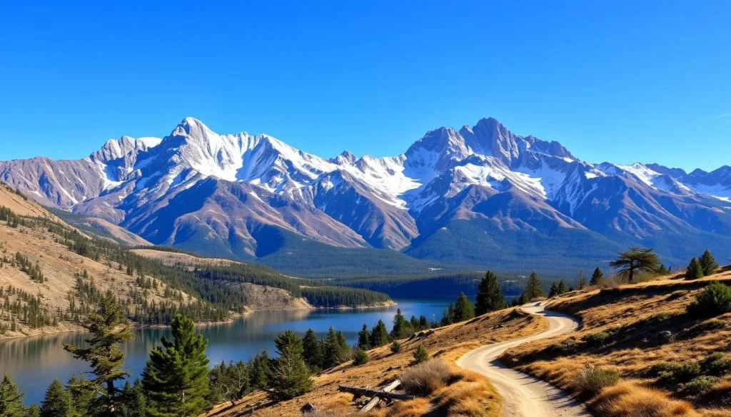 A majestic landscape of the San Jacinto Mountains, rising majestically against a clear blue sky. Towering peaks covered in a dusting of snow, their rugged slopes flanked by lush evergreen forests. A serene alpine lake reflects the surrounding peaks, its glassy surface interrupted by the gentle ripples of a gentle breeze. In the foreground, a winding hiking trail leads the viewer into the heart of this stunning wilderness, inviting exploration. The scene is bathed in warm, natural lighting, creating a sense of tranquility and wonder. Capture the grandeur and beauty of this iconic California landscape.