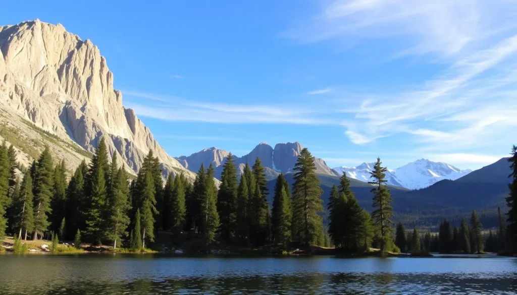 A majestic landscape of the Trinity Alps Wilderness unfolds before the viewer. In the foreground, a crystal-clear alpine lake reflects the towering peaks surrounding it, their rugged granite faces bathed in warm afternoon sunlight. The middle ground is dotted with groves of tall, verdant pine trees, their branches swaying gently in a light breeze. In the distant background, snow-capped summits reach towards a vast, azure sky, wispy clouds drifting overhead. The scene exudes a serene, tranquil atmosphere, inviting the viewer to immerse themselves in the unspoiled natural beauty of this remote wilderness.