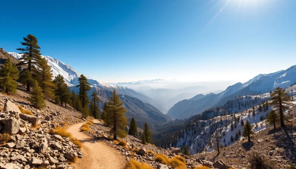 A majestic landscape of the White Mountains in California, bathed in warm afternoon sunlight. In the foreground, a winding trail leads through a rugged, granite-strewn terrain, dotted with hardy, wind-sculpted pines. The middle ground reveals towering, snow-capped peaks reaching towards a brilliant azure sky, their slopes cloaked in a dusting of fresh, pristine snow. In the distance, the mountains recede into a hazy, ethereal horizon, creating a sense of depth and grandeur. Capture the awe-inspiring beauty and tranquility of this untamed, natural wonder.