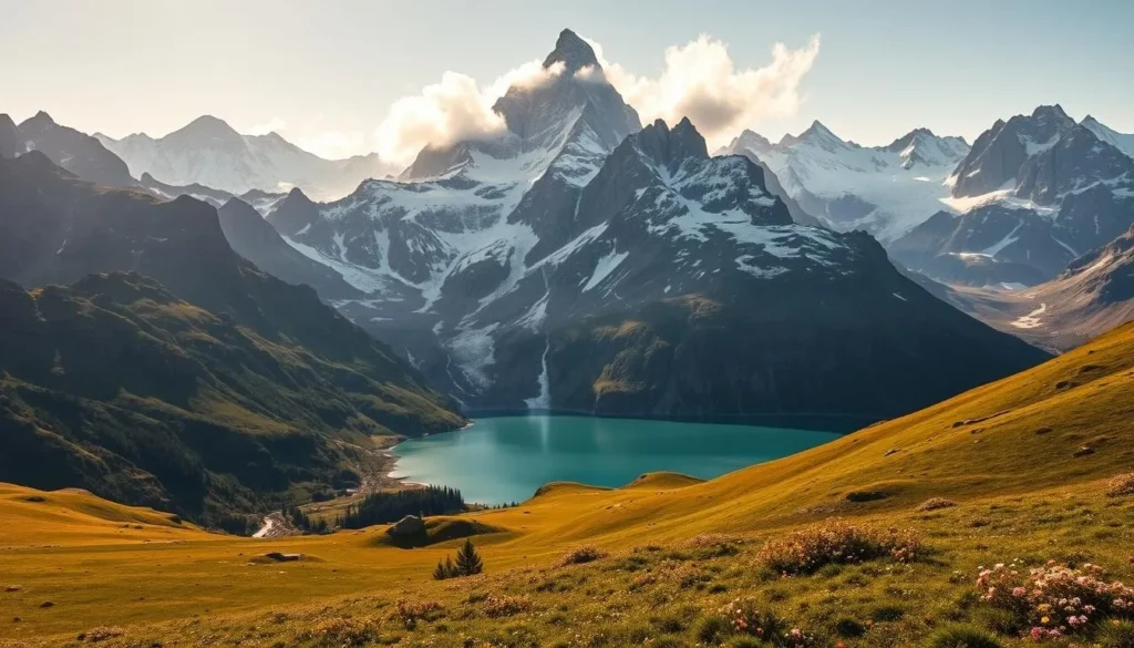 A majestic landscape of towering snow-capped peaks and serene alpine meadows, bathed in golden sunlight. Rugged, jagged Finsteraarhorn stands tall in the center, its granite face casting long shadows across the valley below. Wisps of cloud drift lazily around the summit, hinting at the power of the elements. In the foreground, a pristine glacial lake reflects the surrounding peaks, its turquoise waters shimmering. Lush green alpine flora carpet the gently sloping hills, dotted with wildflowers. The scene conveys a sense of timeless, untamed beauty and the grandeur of the Swiss Alps.