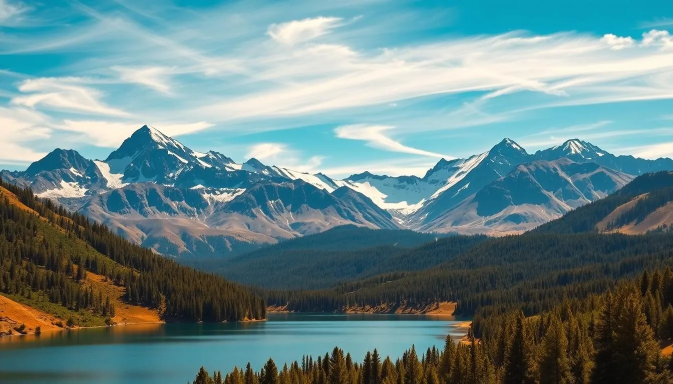 A majestic landscape of towering volcanic peaks, Lassen Volcanic National Park unfolds before the viewer. In the foreground, a crystal-clear alpine lake reflects the rugged, snow-capped summits. Lush green forests cover the gently sloping hills, while wispy clouds drift across a brilliant blue sky. The warm, golden sunlight bathes the scene, creating a serene and picturesque atmosphere. Capture the grandeur of this natural wonder, framed by the dramatic Lassen Volcanic Range, in a wide, panoramic view using a wide-angle lens.
