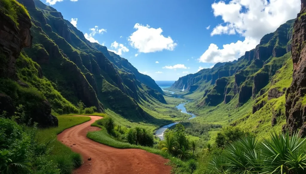 A majestic landscape of verdant cliffs and cascading waterfalls, Pololū Valley stretches out beneath a bright, azure sky. In the foreground, a winding dirt path leads the eye towards the valley's dramatic, rocky edges, flanked by lush, tropical foliage. The midground reveals the valley's heart, a serene river winding through a tapestry of vivid greens, while the distant backdrop showcases the dramatic, towering cliffs that define this geological marvel. Crisp, natural lighting bathes the scene in a warm, golden glow, capturing the timeless beauty and tranquility of this Hawaiian treasure.