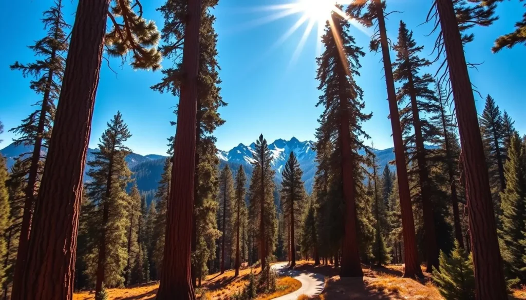 A majestic landscape unfolds, as towering Sequoia trees reach skyward against a cerulean backdrop. Sunlight filters through the canopy, casting a warm glow over the forest floor, where a winding trail invites exploration. In the distance, rugged peaks of the Sequoia Range stand tall, their snow-capped summits a testament to the grandeur of this natural wonder. The scene is one of serene tranquility, a harmonious interplay of earth, sky, and the ancient guardians of this enchanting wilderness. A wide-angle lens captures the scale and grandeur of this remarkable setting, inviting the viewer to immerse themselves in the majesty of Sequoia Kings Canyon National Parks.
