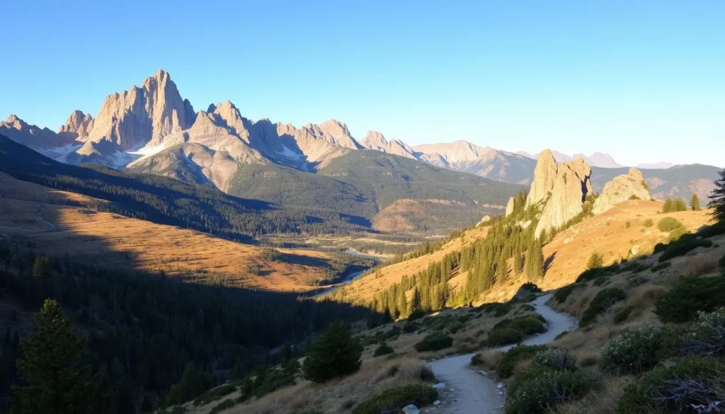 A majestic landscape unfolds, where the Peninsular Ranges of California rise majestically against a clear azure sky. Rugged, granite peaks pierce the horizon, their slopes cloaked in verdant forests and dotted with sun-dappled meadows. In the foreground, a winding hiking trail leads adventurers through this natural wonder, offering glimpses of crystal-clear streams and towering rock formations. The warm, golden light caresses the scene, casting a serene, almost ethereal glow over the entire panorama. This is a place of unparalleled beauty, where the grandeur of the mountains seamlessly blends with the tranquility of the wilderness, inviting exploration and awe.