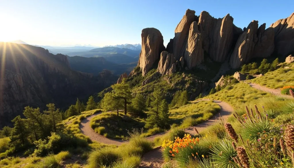 A majestic landscape with towering rock formations at Smith Rock State Park, Oregon. The sun casts a warm glow over the rugged cliffs, casting dramatic shadows across the scene. In the foreground, a winding trail leads visitors through the natural beauty, inviting exploration. Lush greenery and vibrant wildflowers dot the terrain, creating a serene and picturesque setting. In the middle ground, the iconic Monkey Face rock formation stands tall, its unique shape drawing the eye. The background features a breathtaking panorama of the surrounding Cascade Range, with snow-capped peaks visible in the distance. Capture the essence of this stunning outdoor destination, showcasing its natural grandeur and the perfect atmosphere for a memorable visit.