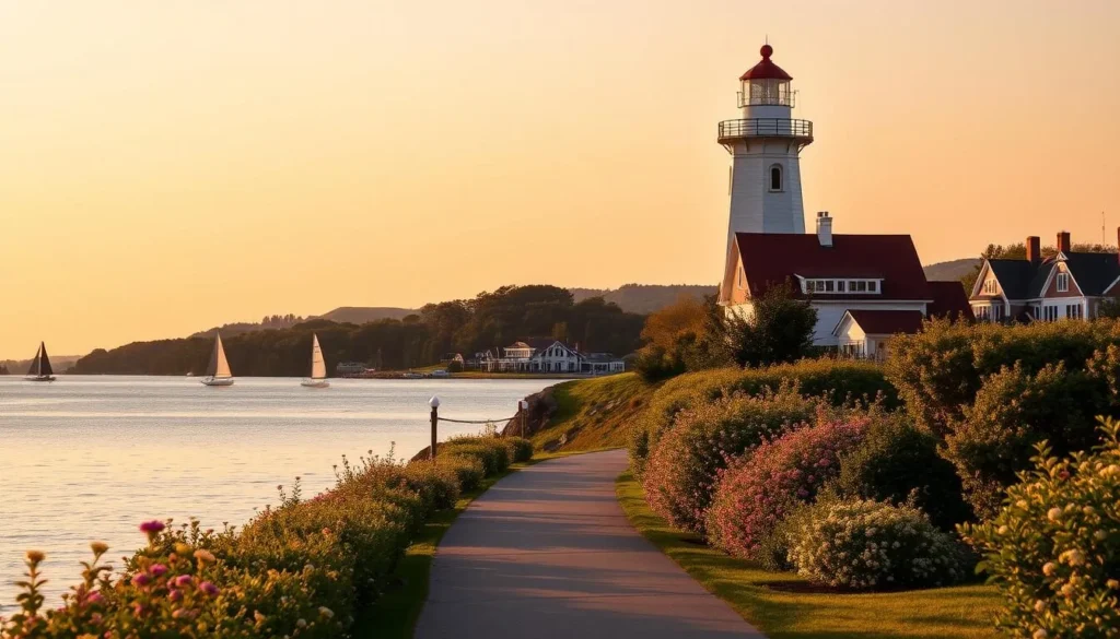 A majestic lighthouse standing tall against the backdrop of a picturesque Lake Erie, its white tower and red roof reflecting the golden hues of the setting sun. The foreground features a well-maintained path leading to the lighthouse, flanked by lush greenery and blooming flowers. In the middle ground, sailboats dot the calm waters, their sails catching the gentle breeze. The background showcases the quaint town of Marblehead, its charming homes and businesses nestled among rolling hills. The scene is bathed in warm, golden light, creating a serene and inviting atmosphere that captures the essence of this beloved landmark and the tranquil beauty of Marblehead, Ohio.
