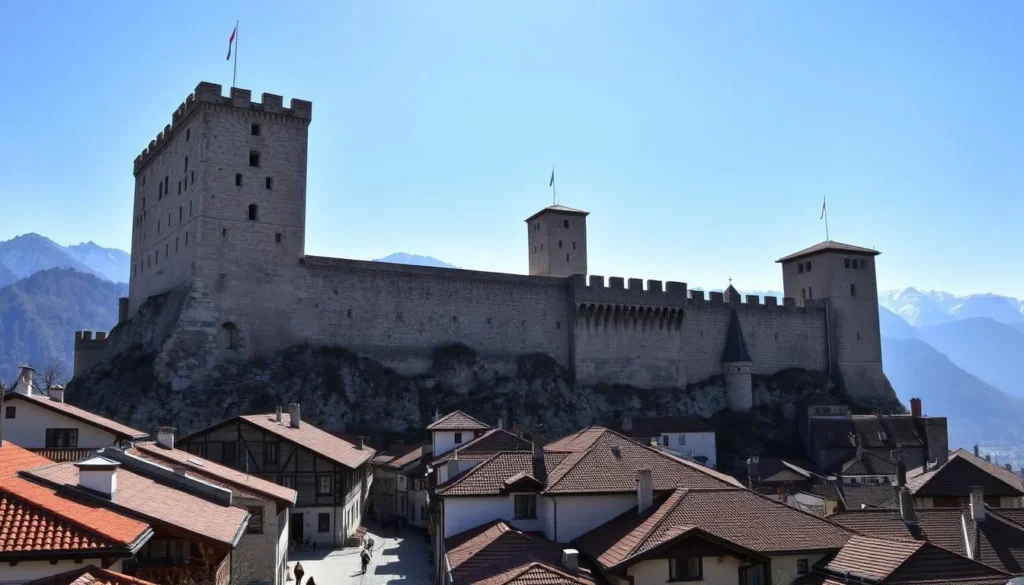 A majestic medieval castle perched atop a rocky outcrop, its fortified walls and towers casting long shadows over the picturesque town of Bellinzona below. Sunlight glints off the red-tiled roofs as the castle's imposing silhouette is framed against a clear blue sky. In the foreground, the winding cobblestone streets of the old town are bustling with activity, with locals and tourists alike enjoying the charming atmosphere. The middle ground features the castle's well-preserved defensive structures, including the three massive towers that overlook the town. In the background, the snow-capped peaks of the Swiss Alps rise majestically, creating a stunning natural backdrop for this historic landmark. Overall, the image conveys a sense of timeless beauty and the enduring legacy of Bellinzona's rich history.