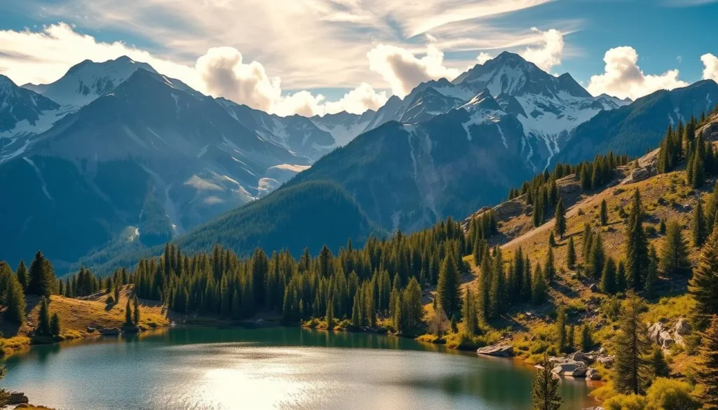 A majestic mountain landscape in the Sierra Nevada, with snow-capped peaks reaching towards the sky. In the foreground, a serene alpine lake reflects the surrounding peaks and trees. Lush, verdant forests climb the slopes, dotted with granite outcroppings. Warm, golden sunlight filters through wispy clouds, casting a glowing, atmospheric ambiance. Rugged trails wind through the scene, inviting hikers to explore the natural wonders. The overall composition conveys a sense of tranquility, adventure, and the grandeur of the Sierra Nevada mountain destinations.