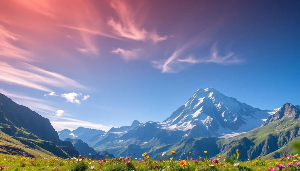 A majestic mountain landscape with the Grand Combin de Grafeneire peak towering in the distance, its snow-capped summit glistening under the warm, golden sunlight. In the foreground, a serene alpine meadow dotted with vibrant wildflowers sways gently in the cool breeze. Wispy clouds drift lazily across the bright blue sky, casting soft shadows on the rugged terrain below. The scene exudes a sense of tranquility and natural beauty, inviting viewers to experience the best time to visit this picturesque Swiss wonder.