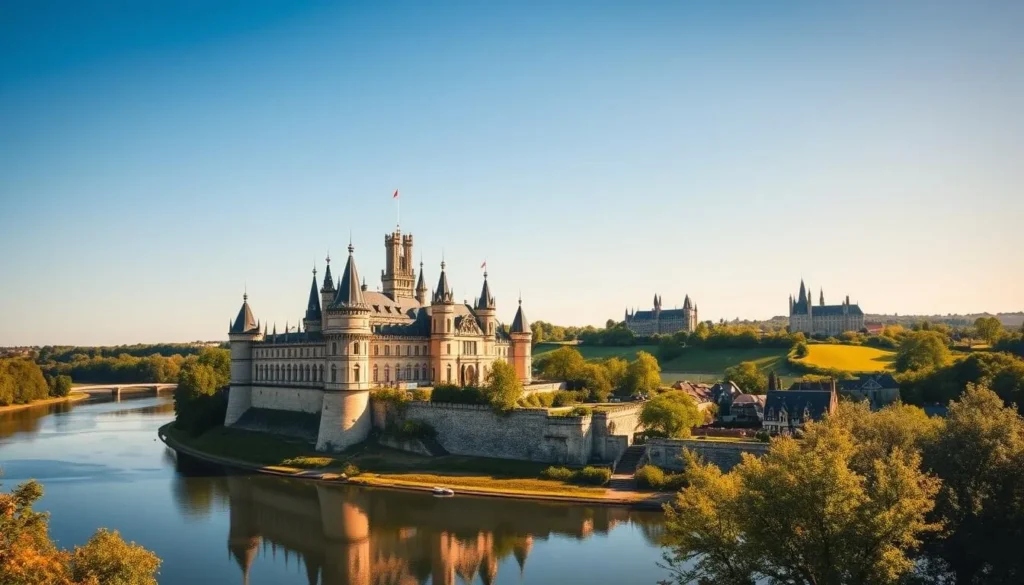 A majestic panorama of the Loire Valley's picturesque castles under a bright, azure sky. In the foreground, a grand chateau with ornate turrets and elegant stone facades stands tall, its reflection mirrored in the tranquil river below. In the middle ground, rolling hills dotted with lush greenery and quaint villages create a serene backdrop. The background features a cluster of additional castles, their spires and towers cutting through the horizon, evoking a sense of medieval charm and aristocratic grandeur. The scene is illuminated by warm, golden sunlight, casting a gentle glow over the entire landscape and inviting the viewer to immerse themselves in the timeless beauty of the Loire Valley.