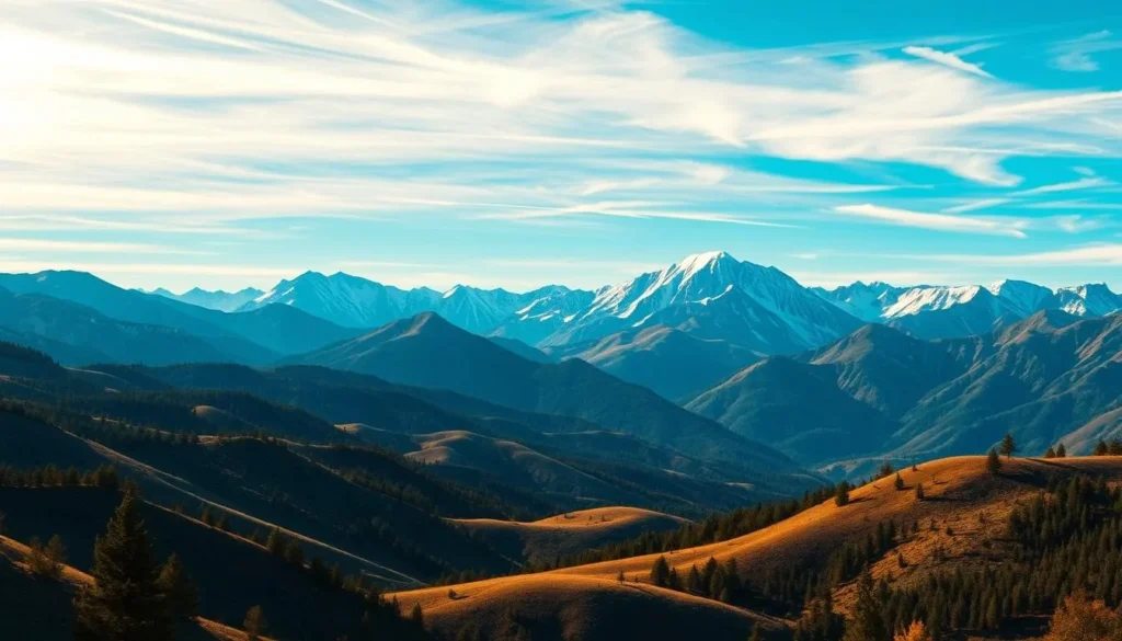 A majestic panorama of the Sierra Nevada mountains, their rugged peaks bathed in golden sunlight. In the foreground, rolling foothills stretch out, dotted with lush evergreen trees. The sky is a brilliant azure, with wispy clouds drifting lazily overhead. In the middle ground, the mountains rise up, their snow-capped summits gleaming. The lighting is warm and natural, with the sun casting long shadows across the landscape. Use a wide-angle lens to capture the grand scale of the scene, conveying the awe-inspiring beauty of this iconic California landscape. The overall mood is one of serenity and tranquility, inviting the viewer to appreciate the contrast between the lush foothills and the rugged, imposing mountains beyond.