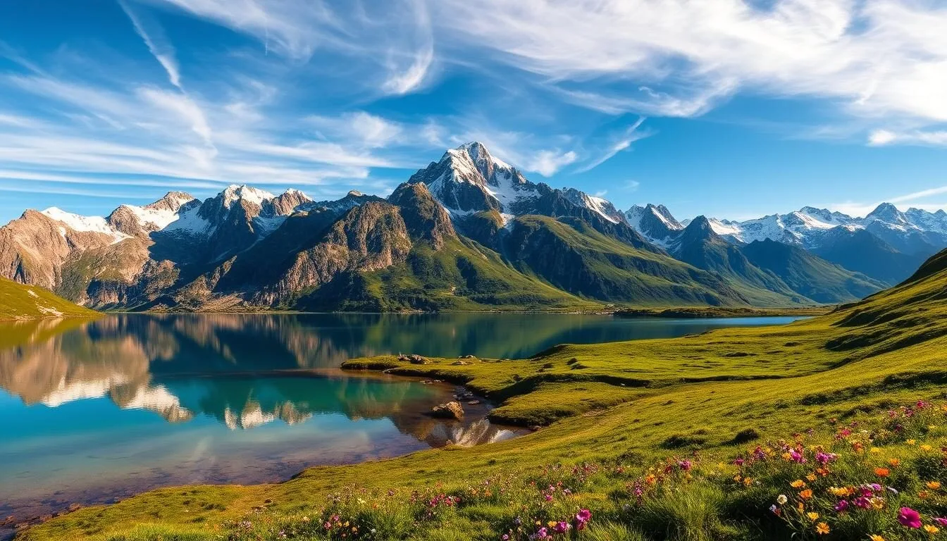 A majestic panorama of the Swiss Alps, with the iconic Weisshorn peak towering in the distance, its snow-capped summit gleaming under the warm, golden sunlight. In the foreground, a crystal-clear alpine lake reflects the rugged, jagged peaks that surround it, creating a breathtaking mirror-like effect. The midground features lush, verdant meadows dotted with wildflowers, creating a vibrant and picturesque landscape. The background is dominated by a range of snow-capped mountains, their peaks reaching up towards the azure sky, with wisps of clouds drifting lazily overhead. The scene is bathed in a soft, diffused lighting, evoking a sense of tranquility and serenity. The overall composition captures the grandeur and natural beauty of the Swiss Alps, showcasing the majesty of the Weisshorn region.