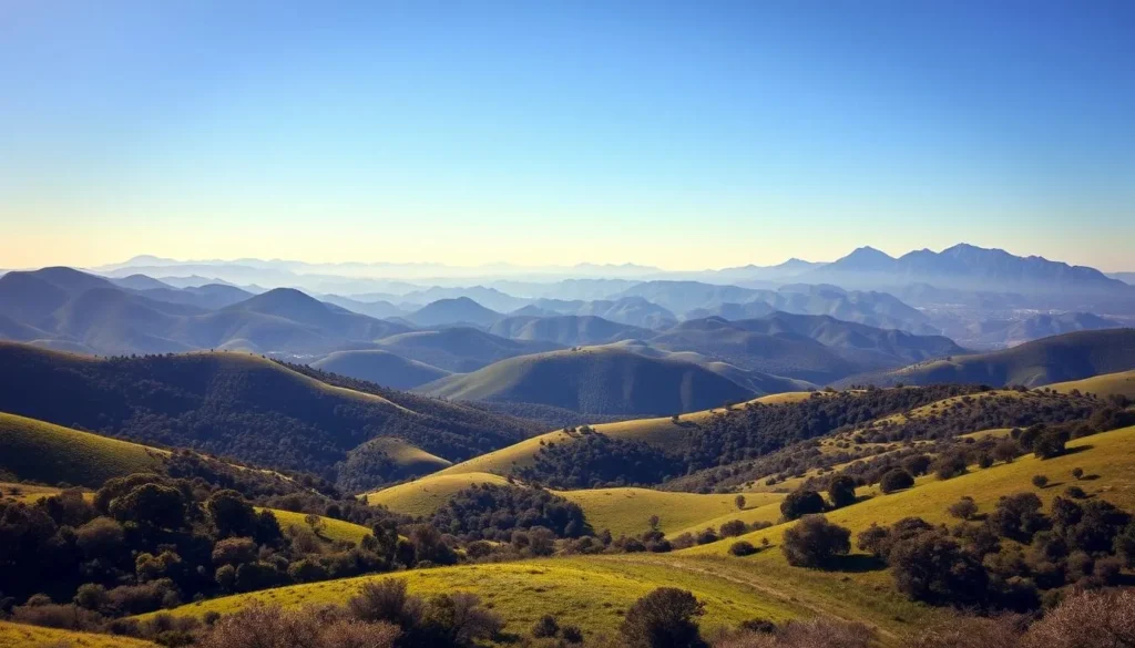 A majestic panorama of the undulating Mount Diablo Range, bathed in the warm glow of a sun-dappled afternoon. Towering peaks punctuate the horizon, their rugged silhouettes casting long shadows across the lush, rolling foothills. In the foreground, a verdant tapestry of oak-studded grasslands and chaparral-covered slopes, inviting exploration. The scene is imbued with a sense of tranquility, the air crisp and clear, inviting the viewer to immerse themselves in the natural splendor of this iconic California landscape.
