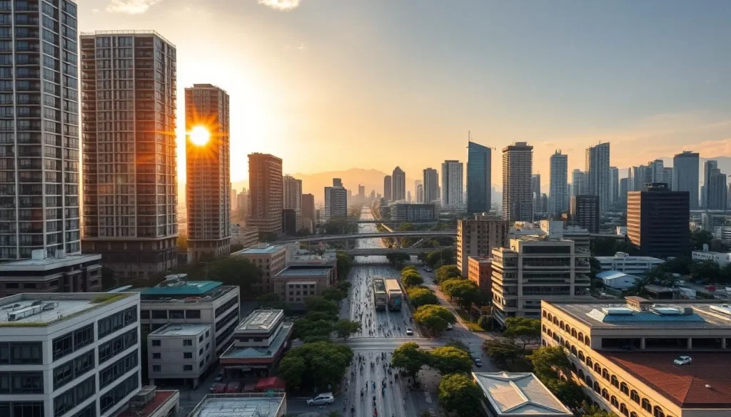 A majestic skyline stretches across the heart of Mandaluyong, the bustling commercial center of Metro Manila. Towering skyscrapers of glass and steel stand tall, casting long shadows upon the lively streets below. The sun's warm glow bathes the cityscape in a soft, golden light, highlighting the intricate architectural details. In the foreground, modern high-rises intermingle with quaint buildings, creating a harmonious blend of old and new. The middle ground is filled with bustling activity, as people navigate the vibrant pedestrian walkways and tree-lined avenues. In the distance, the iconic EDSA highway weaves through the urban landscape, connecting Mandaluyong to the larger metropolis. The overall scene conveys a sense of dynamism and progress, showcasing the city's role as a thriving hub of commerce, culture, and innovation.