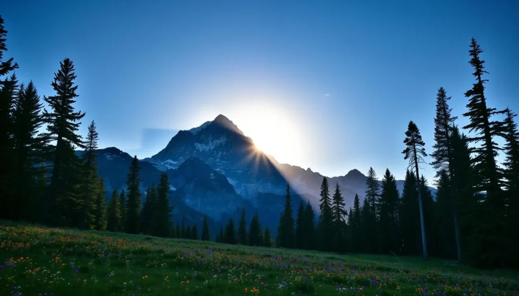A majestic, snow-capped Lone Peak stands tall, its jagged silhouette framed against a clear, azure sky. The sun's golden rays illuminate the rugged, granite cliffs, casting dramatic shadows across the slopes. In the foreground, a serene alpine meadow carpeted with vibrant wildflowers sways gently in the mountain breeze. Towering pines and firs line the edges, creating a sense of peaceful solitude. Capture the awe-inspiring beauty of this iconic Big Sky landmark, showcasing its natural grandeur and the tranquil, mountain atmosphere.