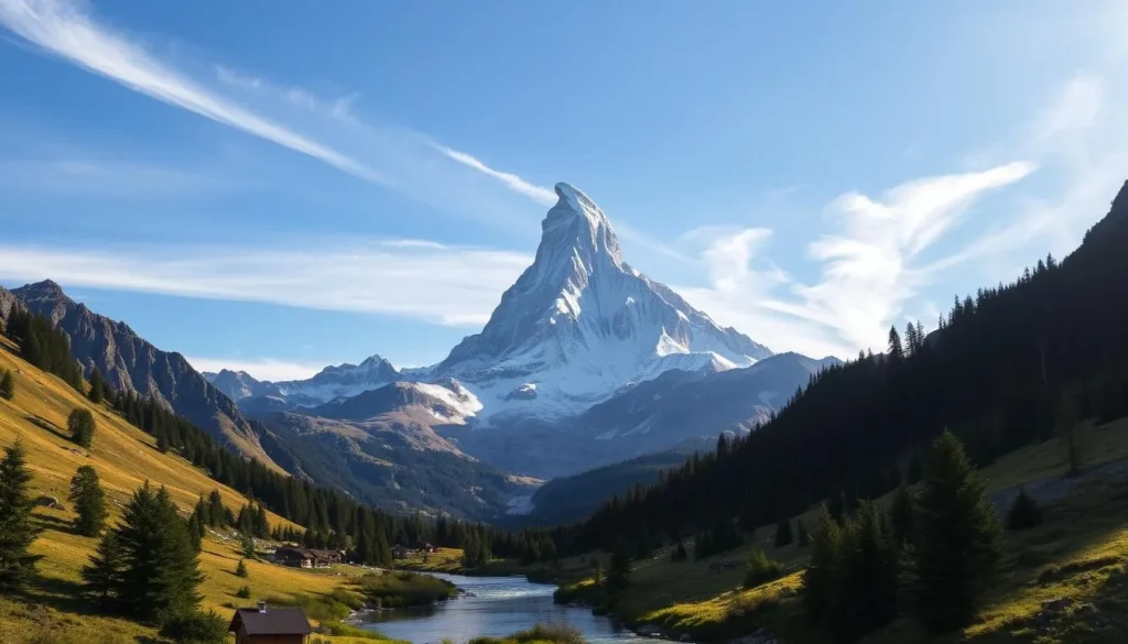 A majestic, snow-capped Matterhorn mountain stands tall, framed by a clear, azure sky. The iconic, pyramidal peak rises dramatically against a backdrop of rolling alpine meadows and dense, evergreen forests. Sunlight filters through wispy clouds, casting a warm, golden glow over the rugged, rocky terrain. In the foreground, a crystal-clear mountain stream winds its way through the lush, verdant landscape, reflecting the towering peak. The scene evokes a sense of serene tranquility and awe-inspiring natural beauty.